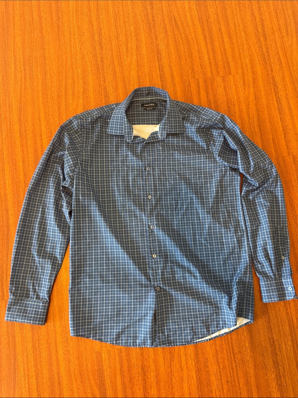 Nautica Blue Check Long-Sleeve Button-Up Shirt Large Slim Fit